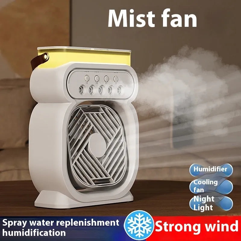 Black portable USB air cooler fan with water reservoir, 7-colour LED lights, and control buttons on a desk.