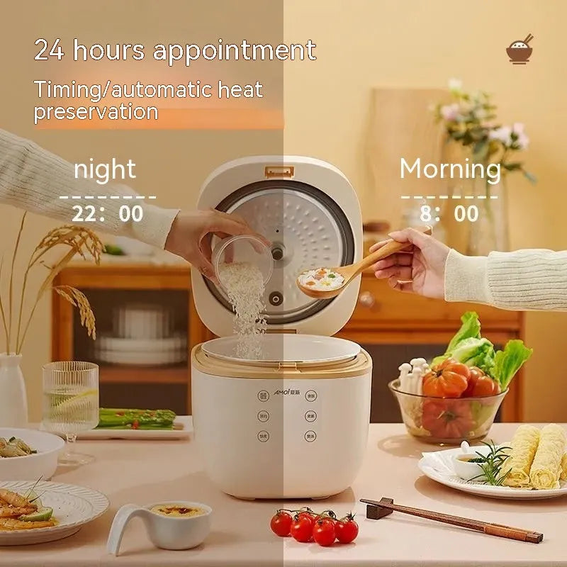 White and beige plastic multi-function 3-litre rice cooker with black inner pot and accessories.