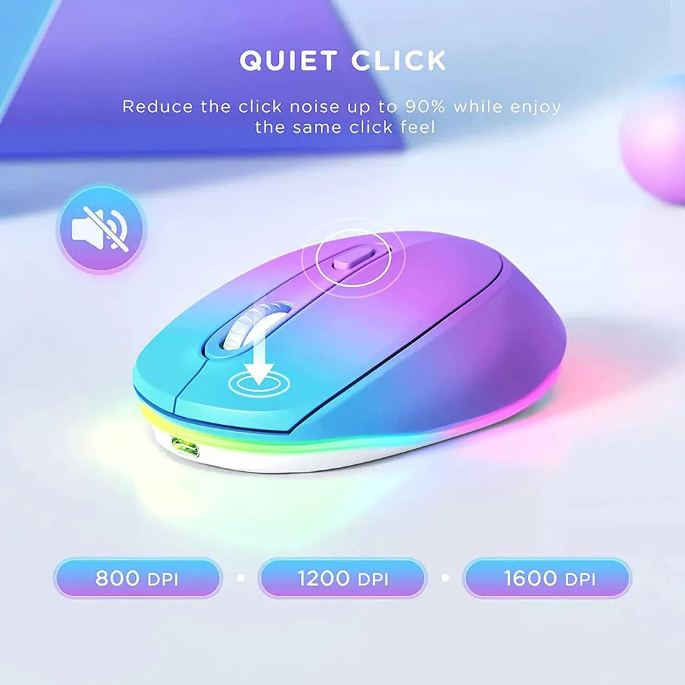 24g wireless mouse with ergonomic design showing seven colour options and USB charging cable