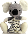 Gray koala-shaped dog toy measuring 30cm with crinkle paper inside and rope reinforcement for durability