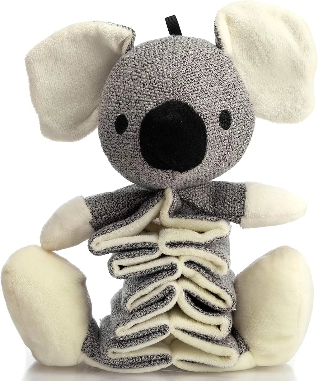 Gray koala-shaped dog toy measuring 30cm with crinkle paper inside and rope reinforcement for durability