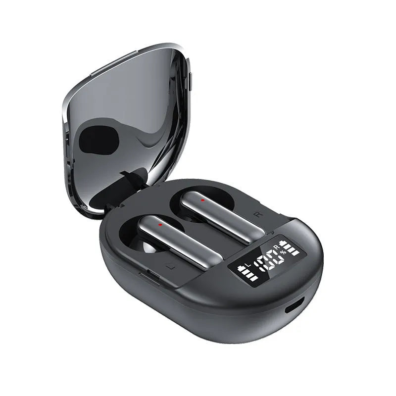 Black wireless Bluetooth in-ear headset with digital display screen and compact charging case