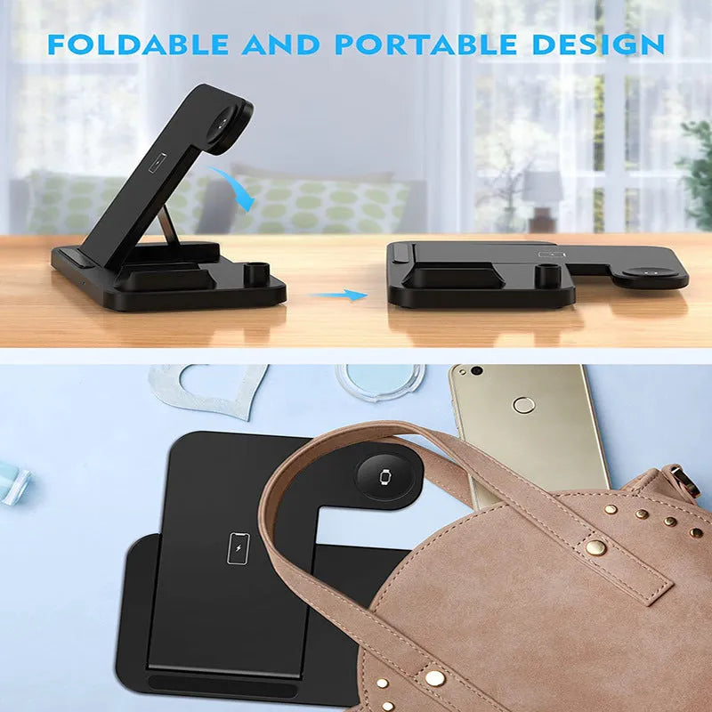 Black four-in-one wireless charging station with QC3.0 charging head