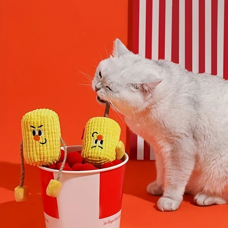 Corn cob-shaped cat toy made from natural polio wood, dimensions 7x6x15cm, for dental care and play
