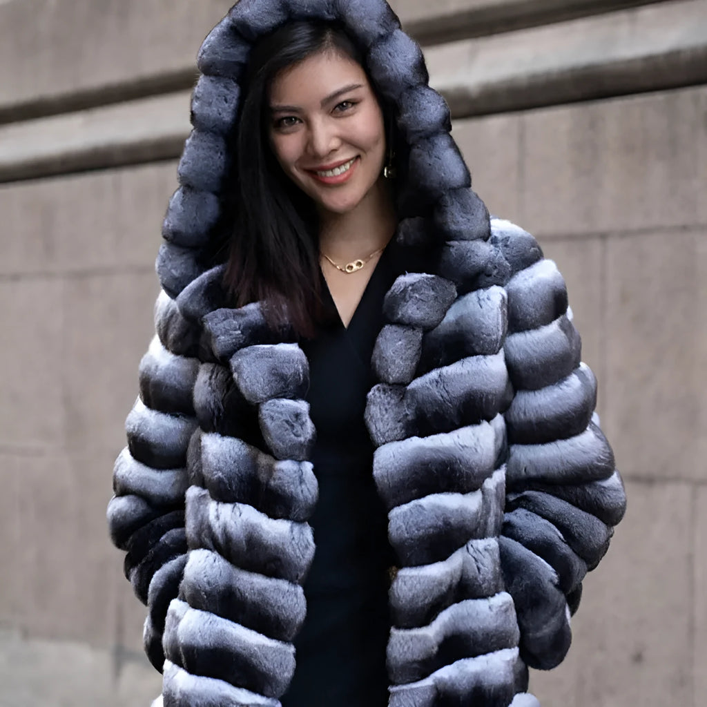 Women's zebra stripe pattern faux fur coat with artificial mink hair fabric, medium length