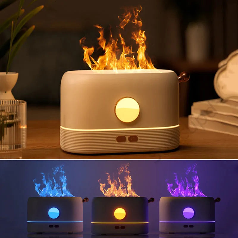 Black USB humidifier with flame simulation effect on wooden desk, showing mist output and compact 15cm height