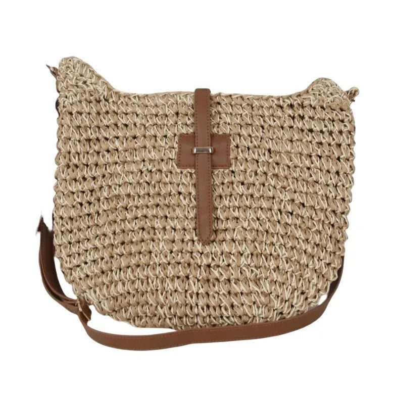Handmade beige woven shoulder bag with decorative sewing thread details and sandwich pocket