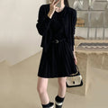 Women's national style knitted two-piece with vest skirt and cardigan featuring 3D pattern texture and adjustable belt
