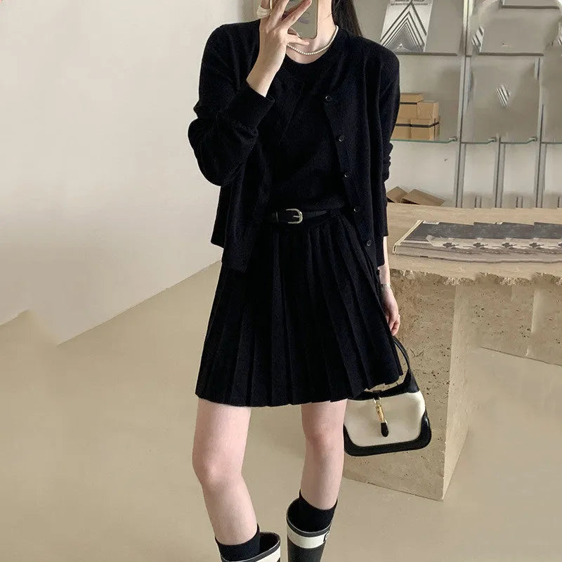 Women's national style knitted two-piece with vest skirt and cardigan featuring 3D pattern texture and adjustable belt