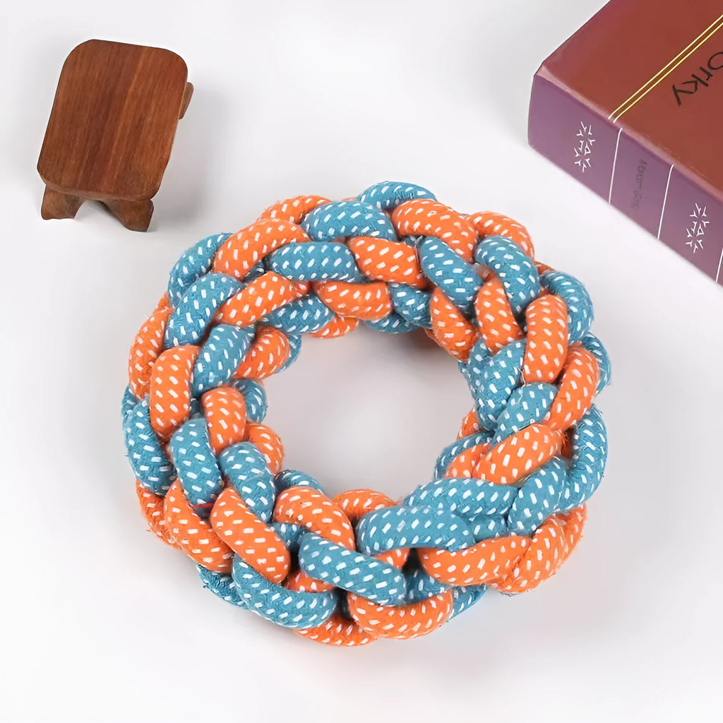 Cotton braided ring dog chew toy showing textured knots and 18cm diameter
