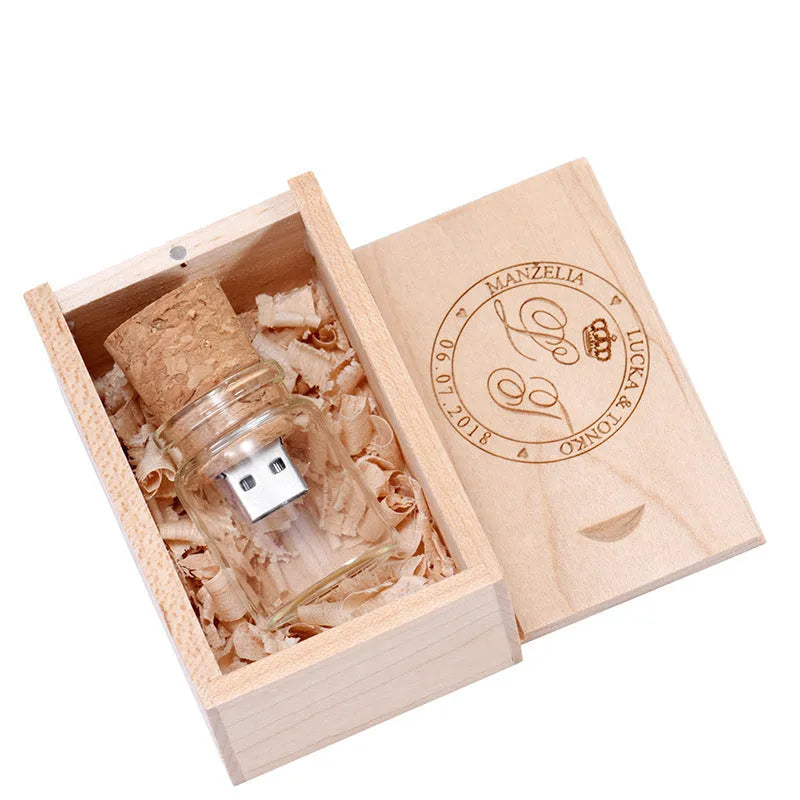 Chocolate brown wooden USB storage disk with personalised lettering, measuring 8.5cm by 5.6cm by 4.4cm