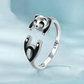Adjustable sterling silver panda open ring with white gold plating showing 2.5cm diameter and detailed animal motif