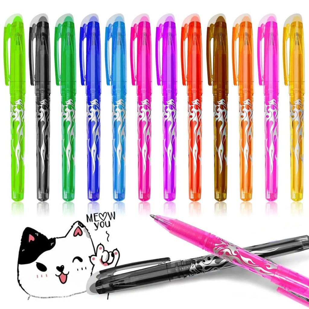 Hot erasable gel pen set with plastic shells and stainless steel nibs in 0.5mm or 0.7mm sizes, available in 12 or 8 colour packs