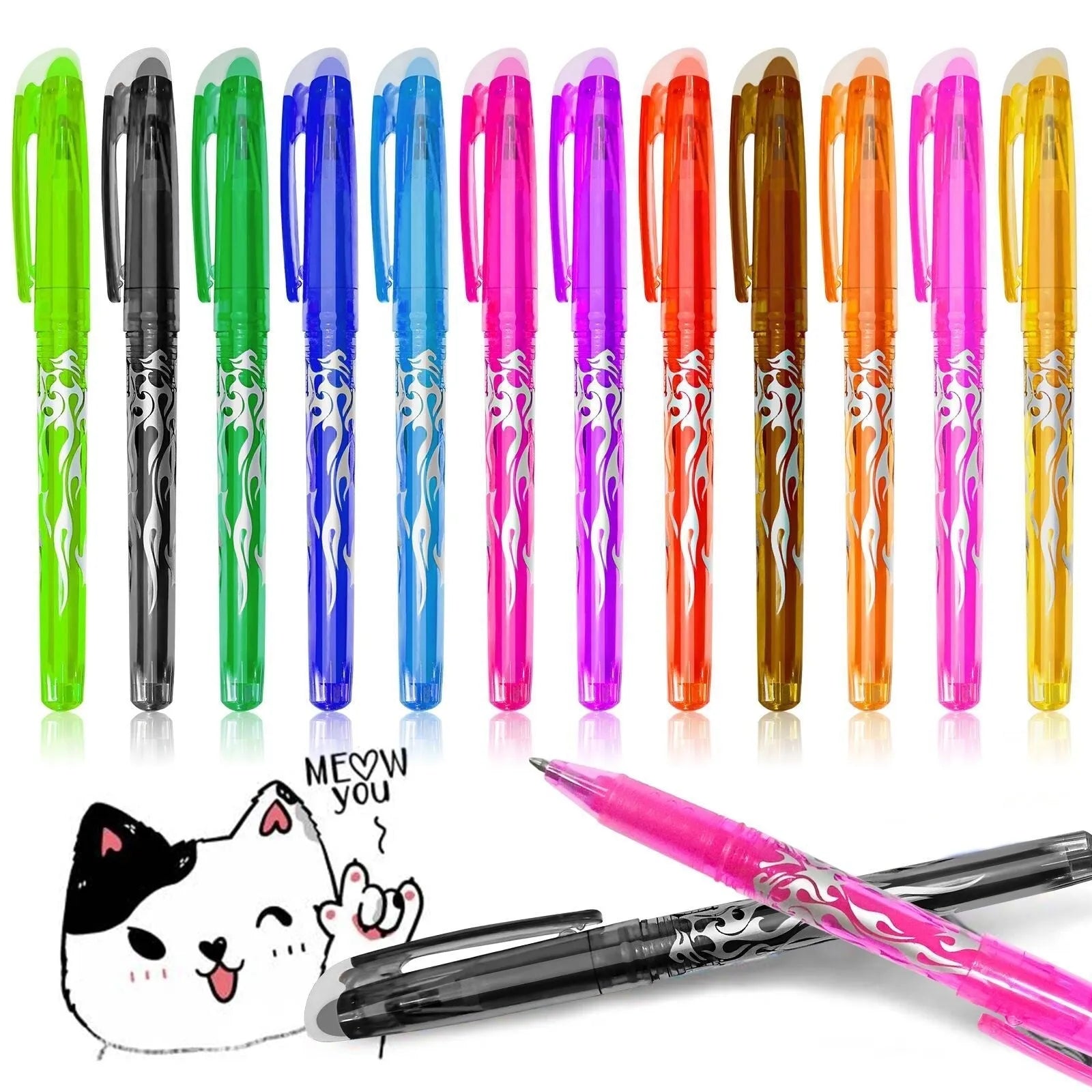 Hot erasable gel pen set with plastic shells and stainless steel nibs in 0.5mm or 0.7mm sizes, available in 12 or 8 colour packs