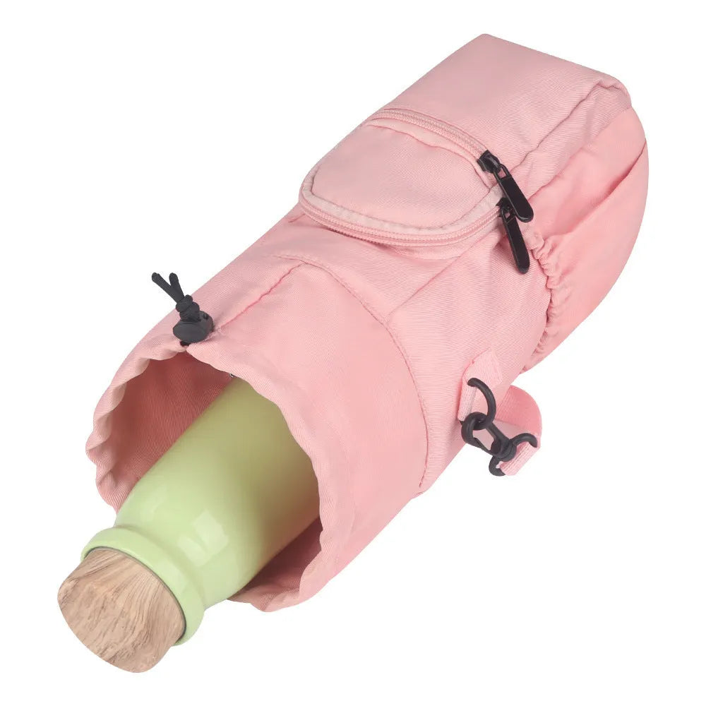 Cloth water bottle pouch with crossbody strap in black green pink colours
