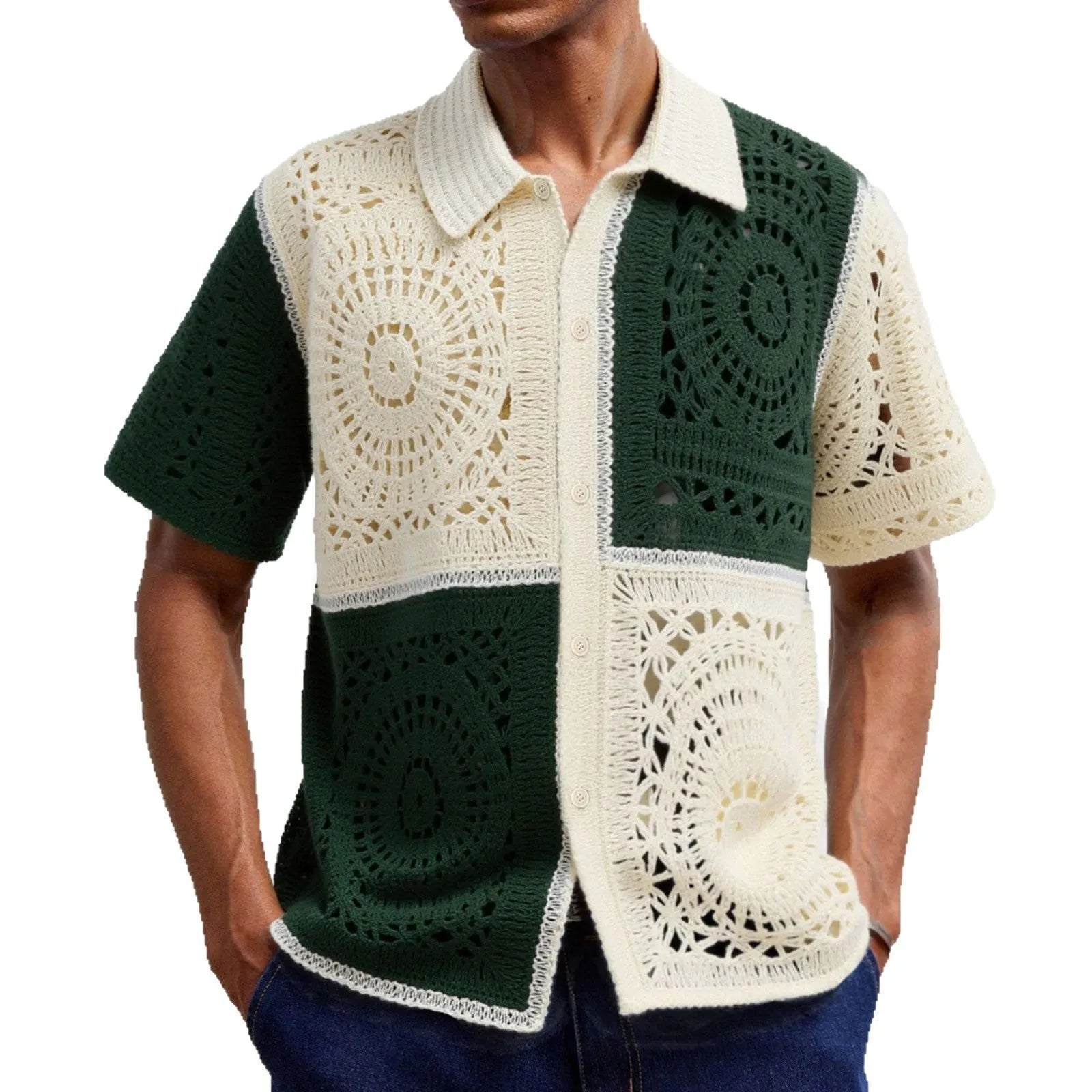 Men's beige colourblock short sleeve knitwear shirt with flocking detail showing front view