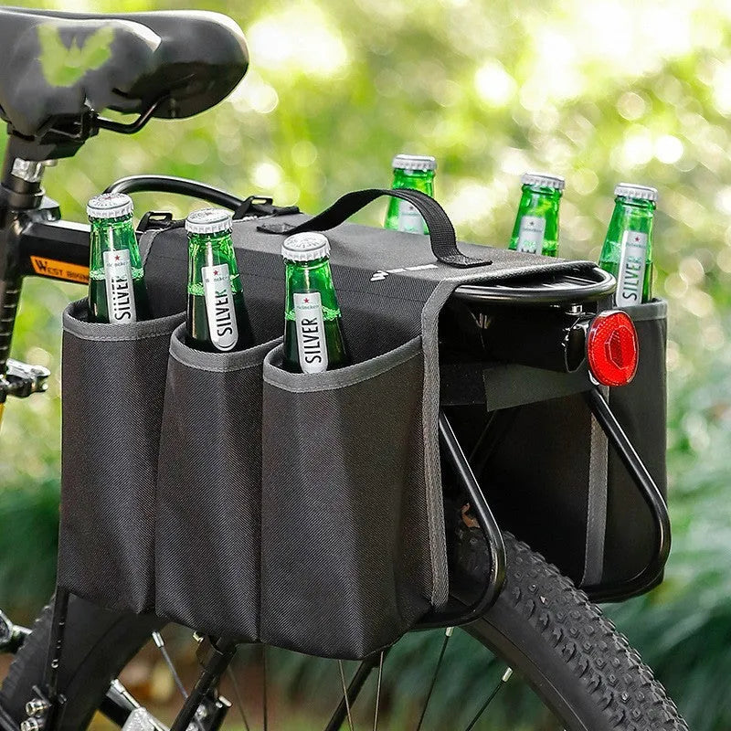 Black bicycle drink bag mounted on bike frame showing double-sided access and 2-litre capacity