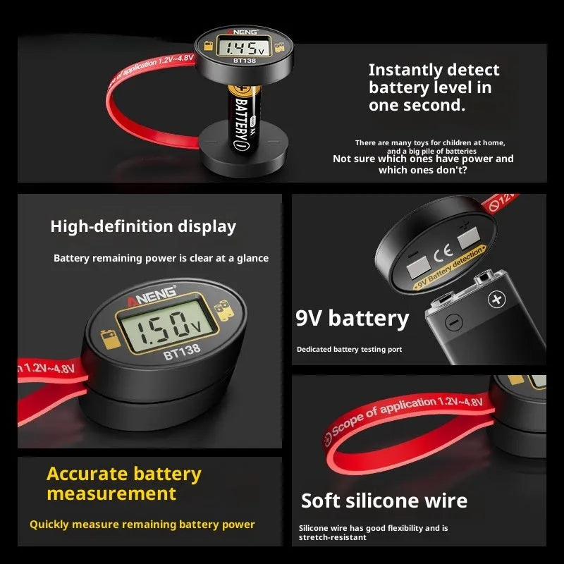 BT138 small portable digital display battery detector with magnetic battery level tester function