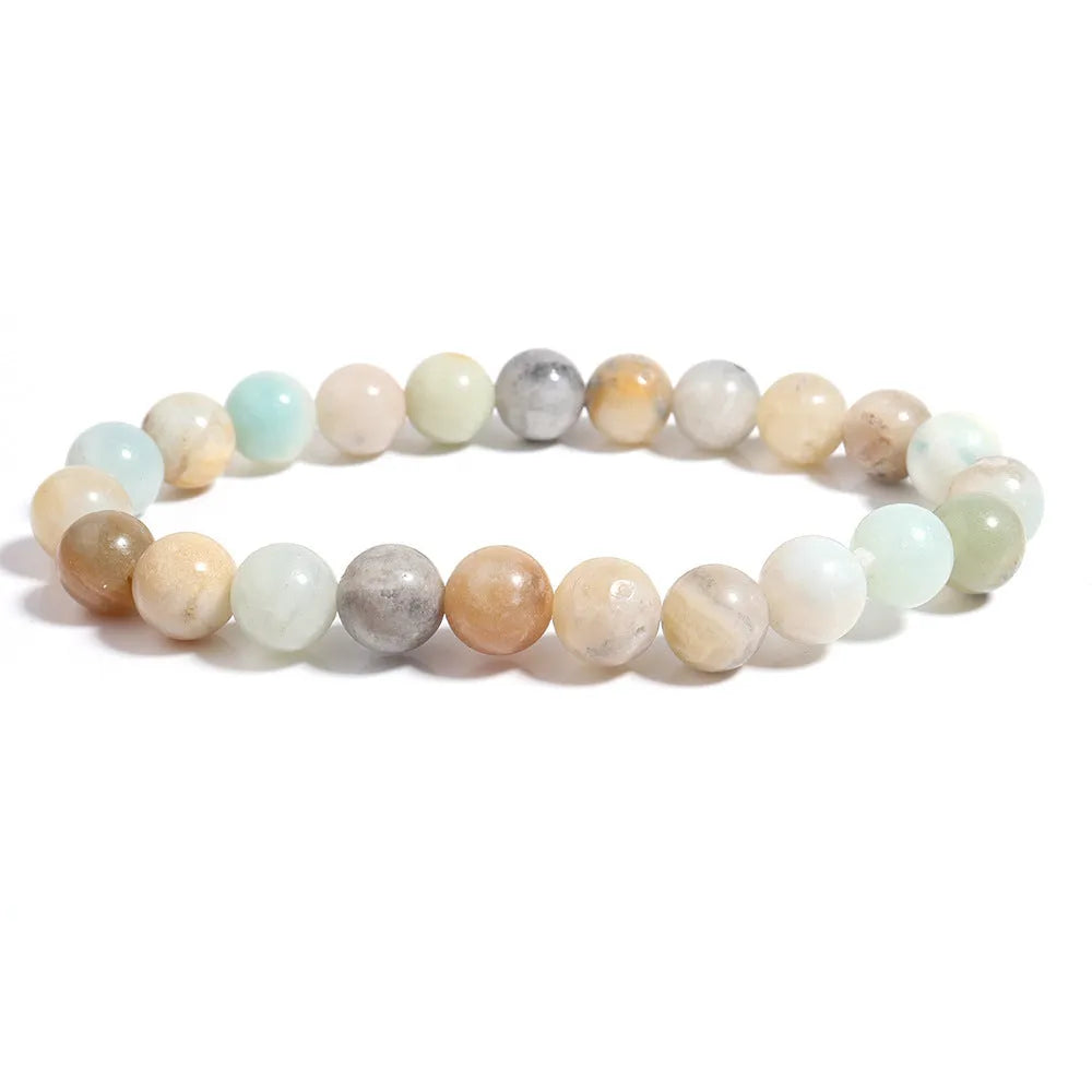 Handmade bohemian natural stone beaded bracelet, unisex, 4mm to 10mm shiny Amazon style beads