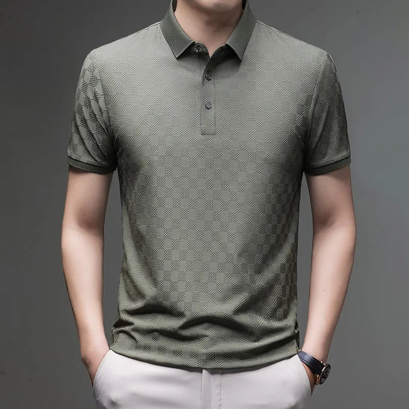 Rhombus thin ice silk short sleeve t-shirt in black, green, or brown with slit design and lightweight fabric