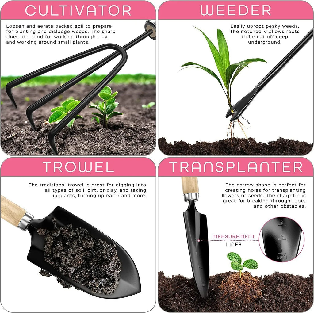 Stainless steel gardening tool set of 8 pieces including trowel, transplanter, cultivator, and other implements