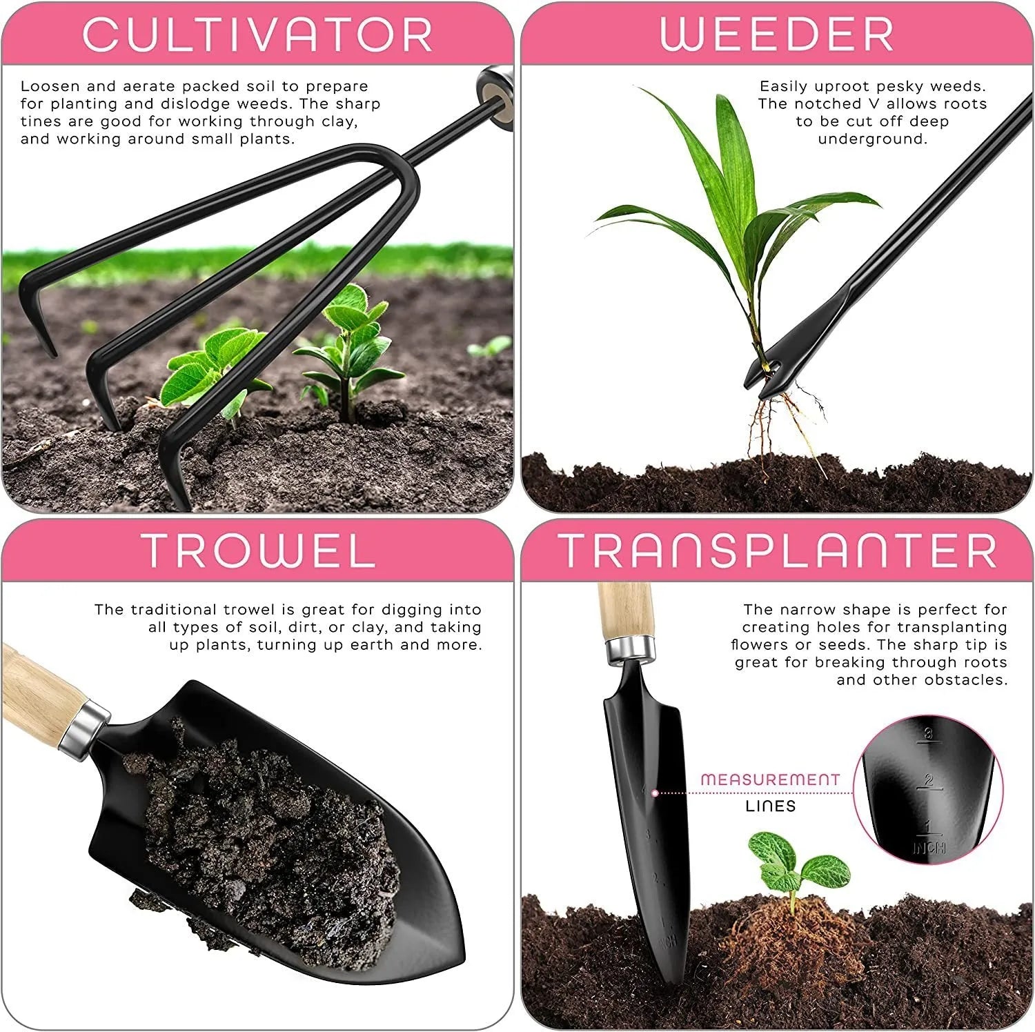 Stainless steel gardening tool set of 8 pieces including trowel, transplanter, cultivator, and other implements
