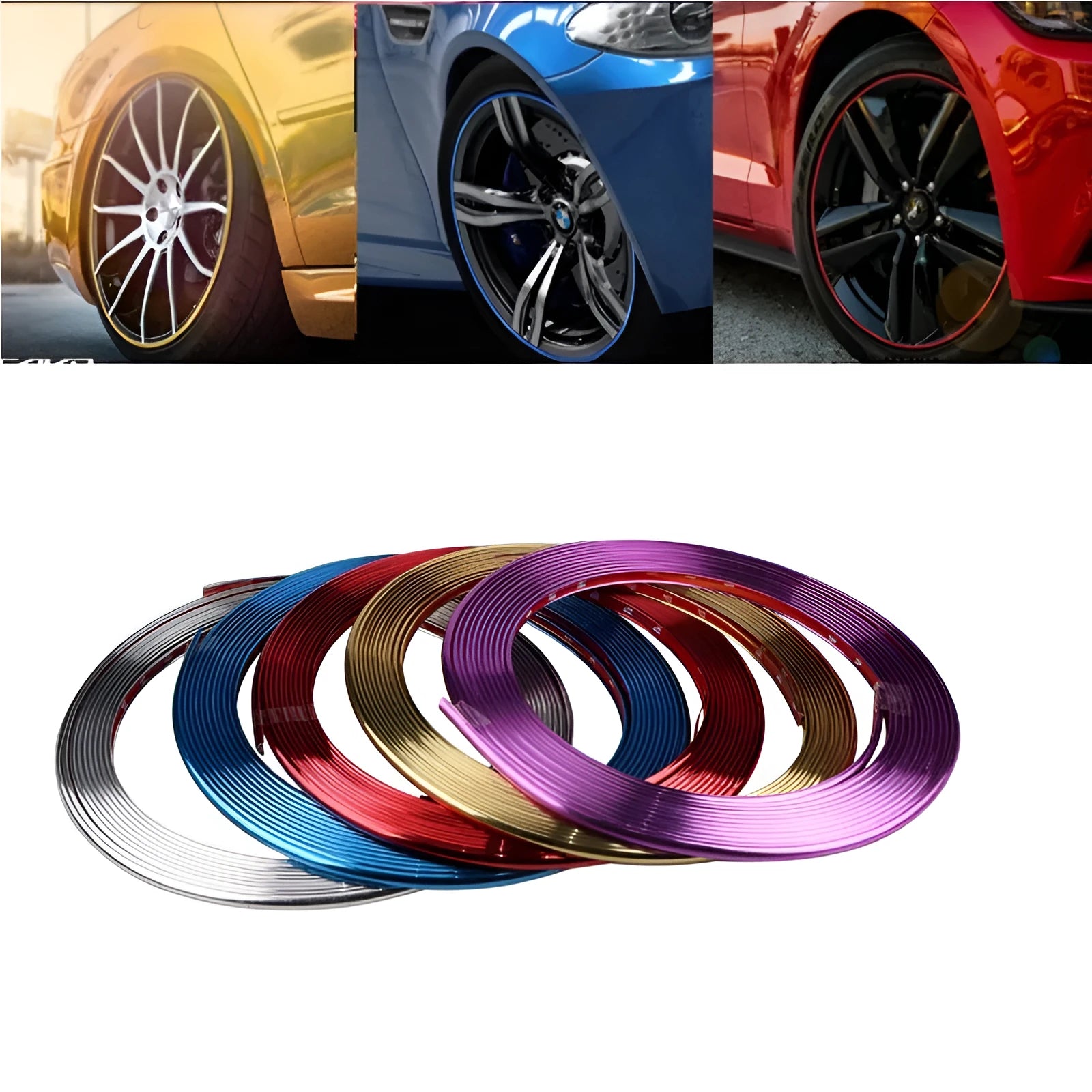 Electroplated purple PVC wheel hub trim on 8-metre roll for car alloy wheel edge protection