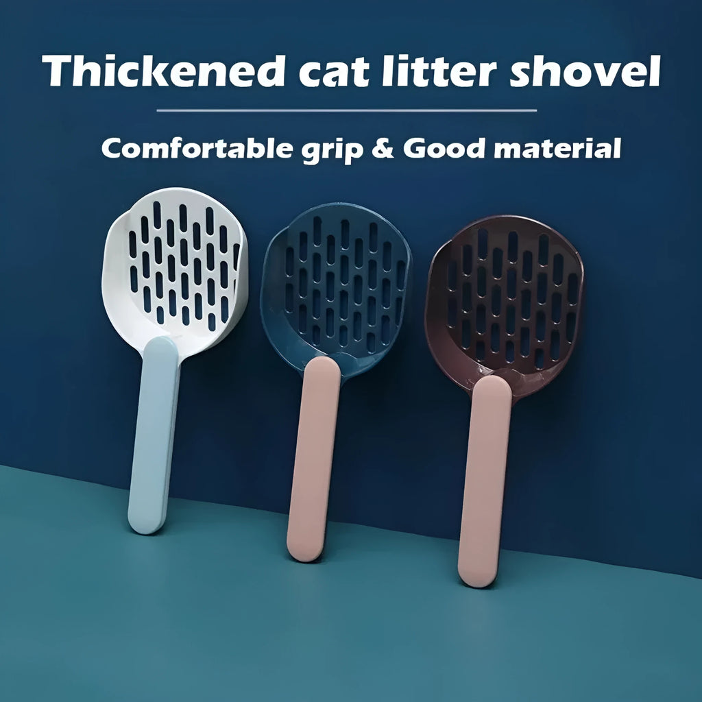 Blue plastic cat litter shovel scoop tool for cleaning litter boxes.