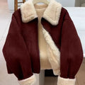 Women's thickened faux fur winter jacket with faux fur collar and pockets, shown in brown, coffee, orange, and burgundy, sizes S to 3XL.