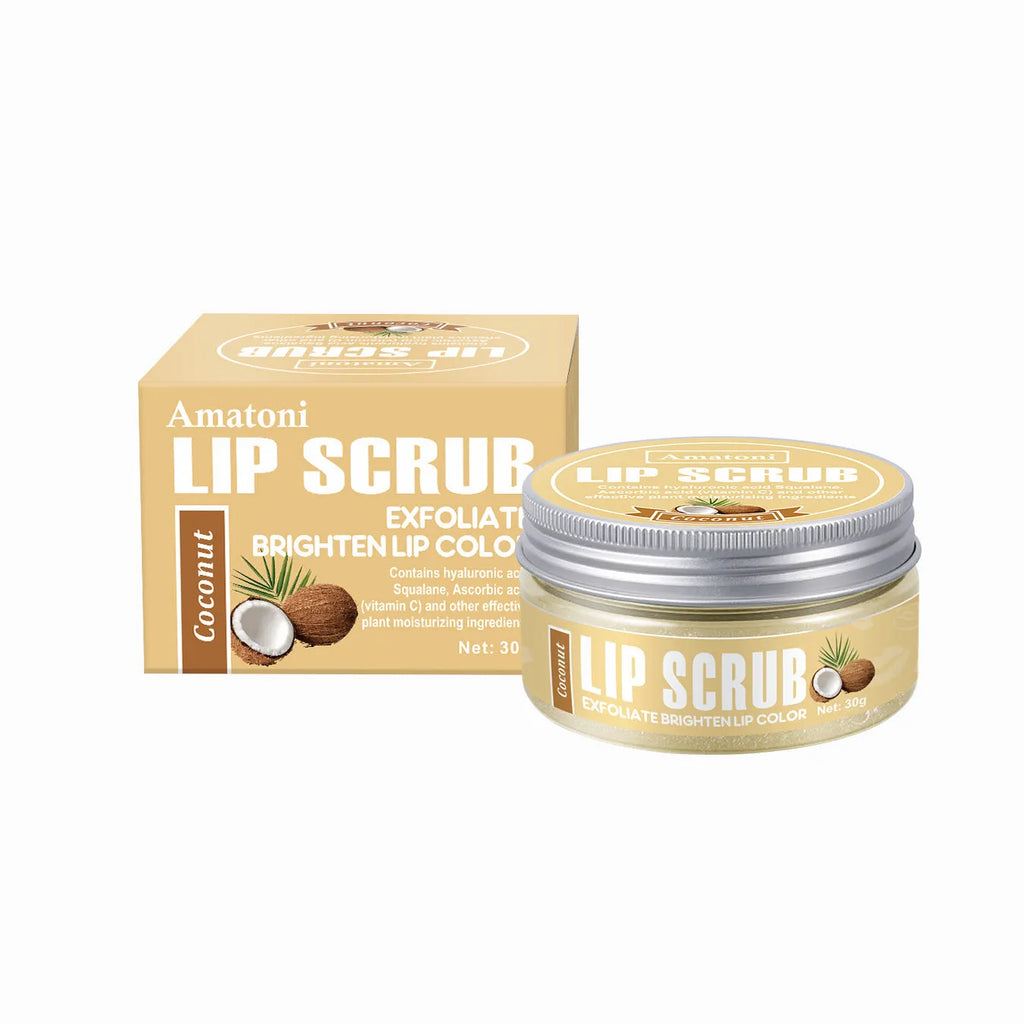 Amatoni Lip Scrub pot showing 30g exfoliating cream with fruit flavour options