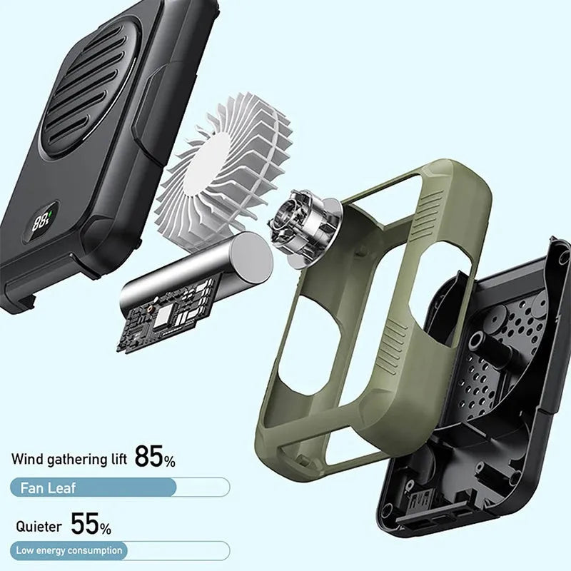 Green portable waist hanging fan with leafless design showing USB charging port and neck strap