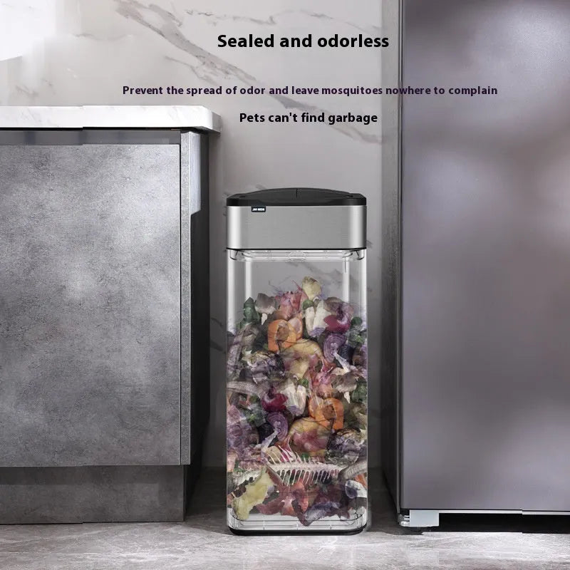 Inductive smart trash can in stainless steel with square bucket design and deodorant function