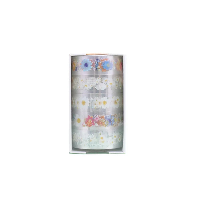 Five rolls of transparent adhesive tape with Midsummer Daisy decorative edge on clear PET polyester base