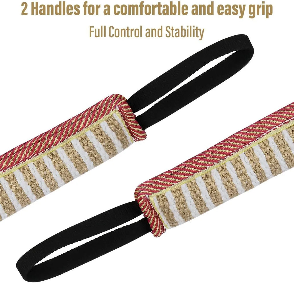 Beige dog tug toy with jute biting sleeve and two handles, measuring 30cm in length