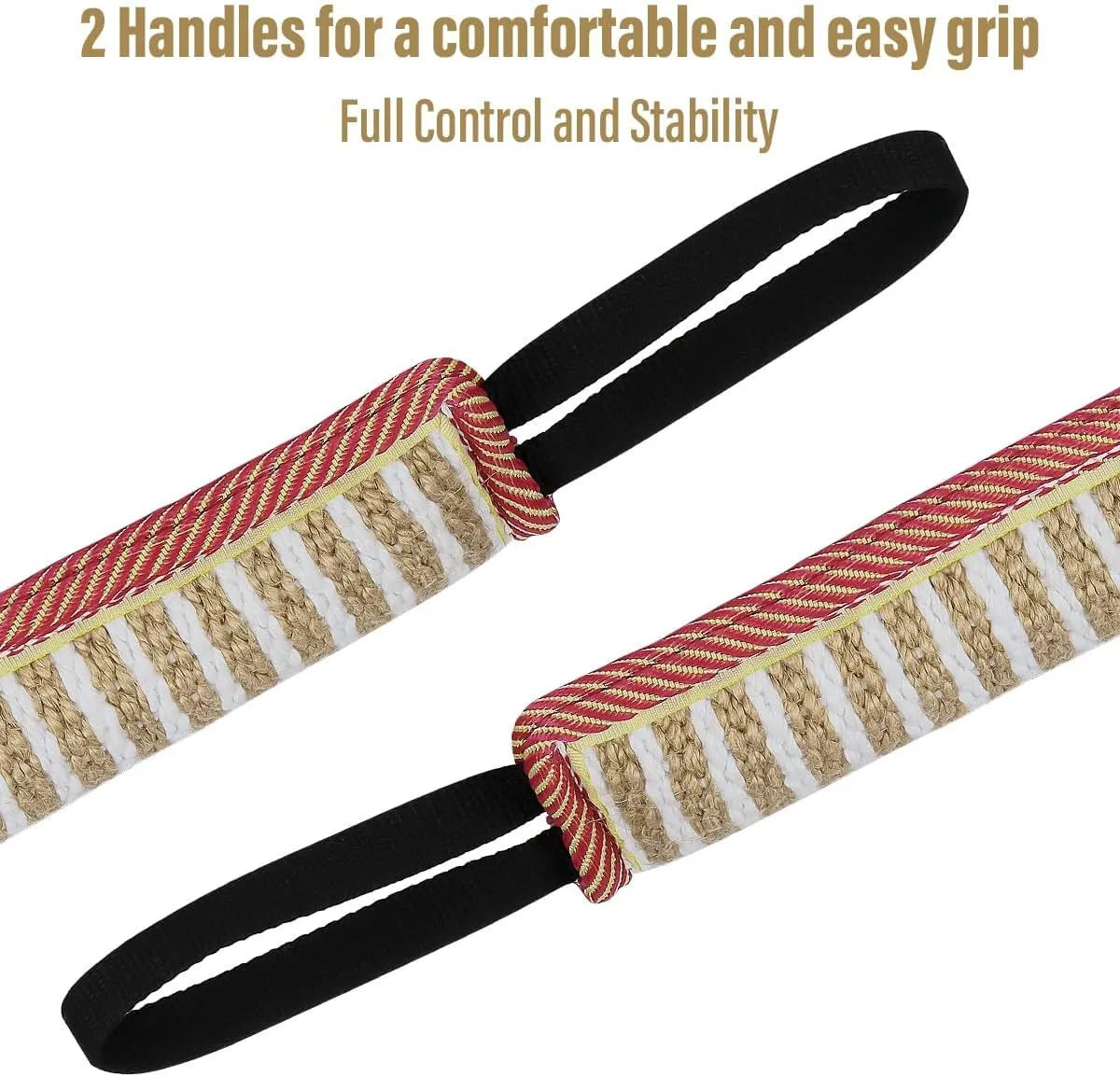 Beige dog tug toy with jute biting sleeve and two handles, measuring 30cm in length