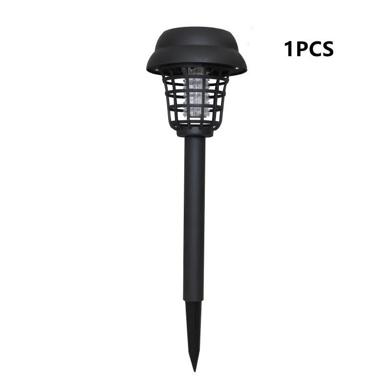 White and purple solar-powered mosquito killer lamp for outdoor garden and patio use.