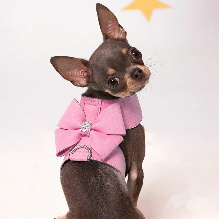 Pink bowknot puppy chest strap made of microfiber, adjustable for small dogs