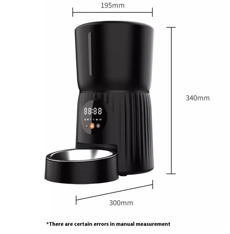 Black intelligent pet feeder with digital display showing feeding schedule, holding dry food