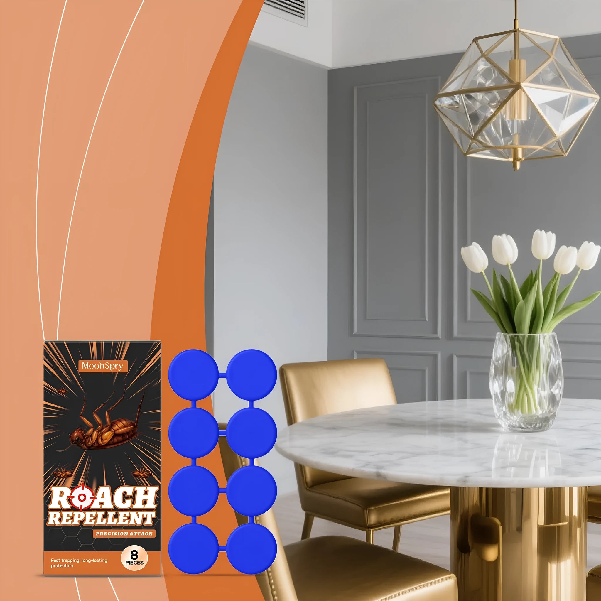Pack of eight cockroach bait formula stickers and eight adhesive glue traps for indoor kitchen use.