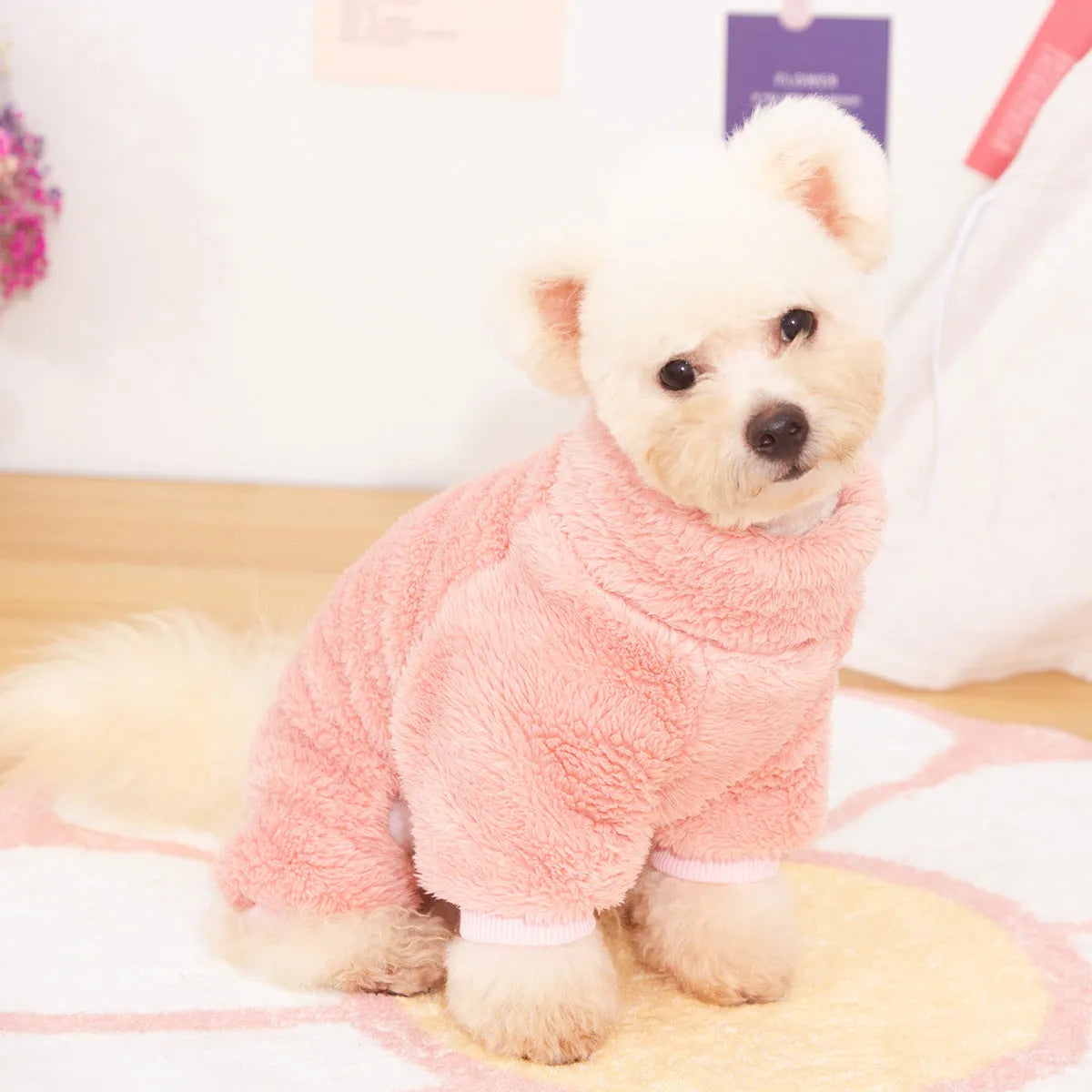 Blue double-sided thick plush dog clothing with high collar and towing ring on a mannequin.