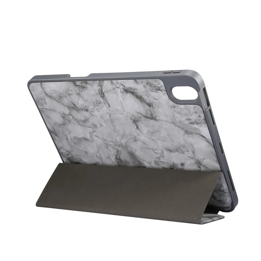 Tri-fold marbling iPad case in dark grey with integrated pen slot for Apple Pencil, showing shockproof imitation leather housing