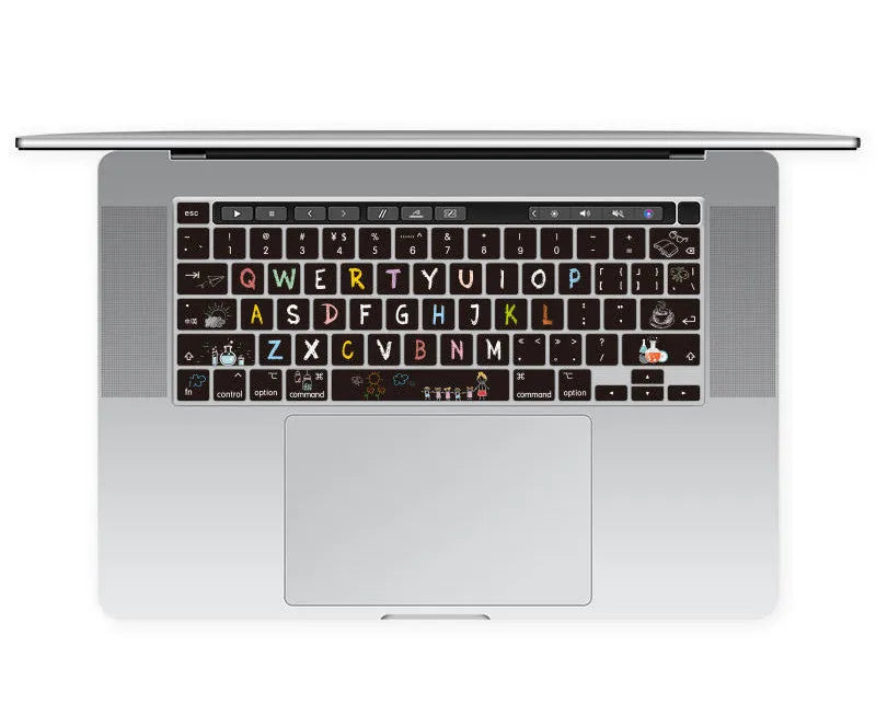 Colourful TPU keyboard protective film for a 13.3-inch Apple MacBook laptop, showing Mr Cat design option.
