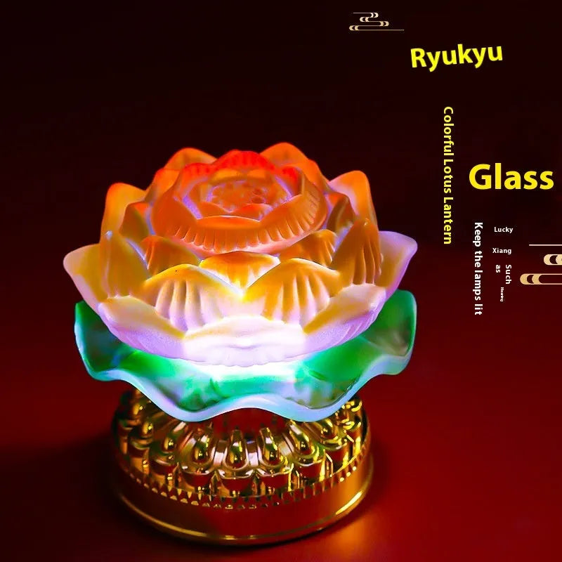 Yellow Chinese-style lotus lamp for Buddha altars in flower bud or flowering design
