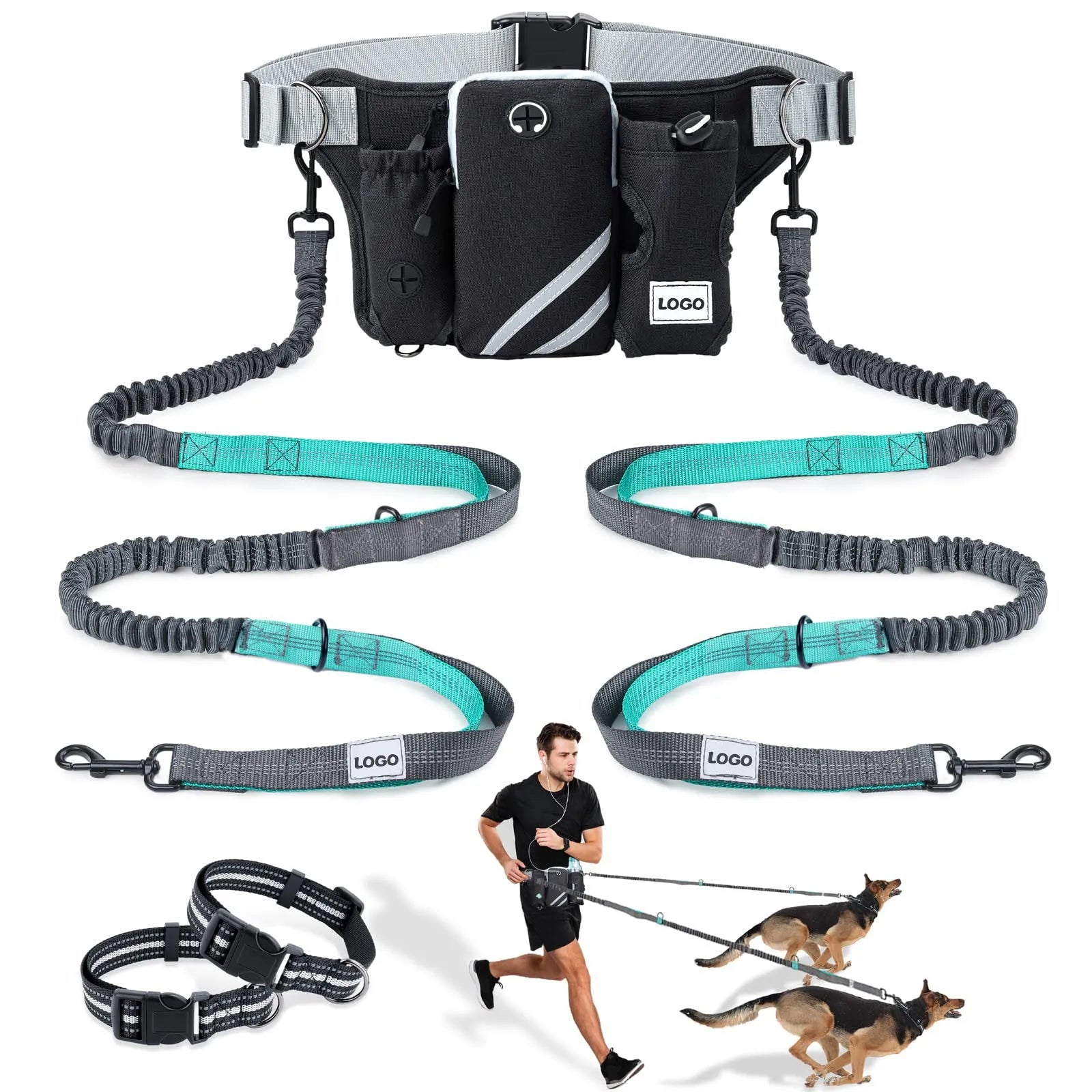 Black nylon outdoor dog walking set with adjustable waist bag and attached leash