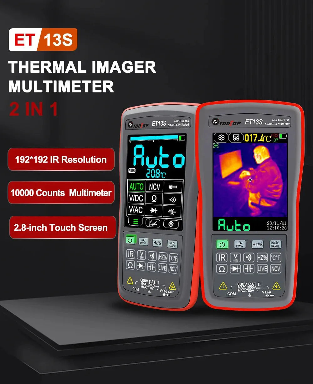 192x192 resolution thermal imaging multimeter with 2.8-inch touch screen display