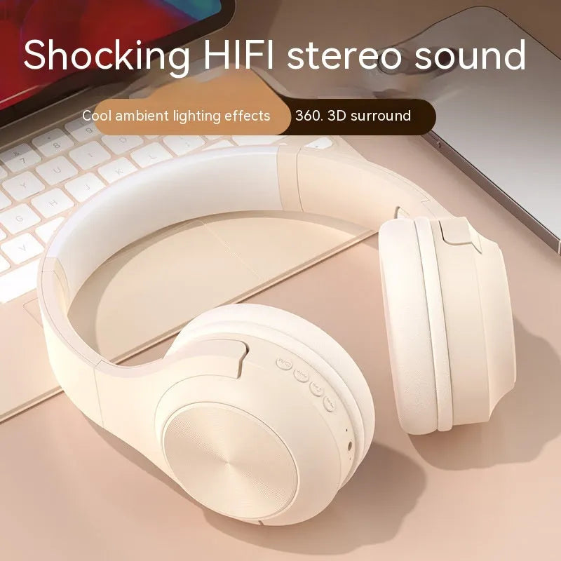 Wireless Bluetooth headset with creative design in ivory white colour, showing head-mounted wearing style