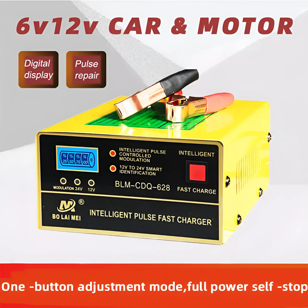 BT 168 model 12V and 24V portable automobile battery charger with American plug for lead acid batteries.