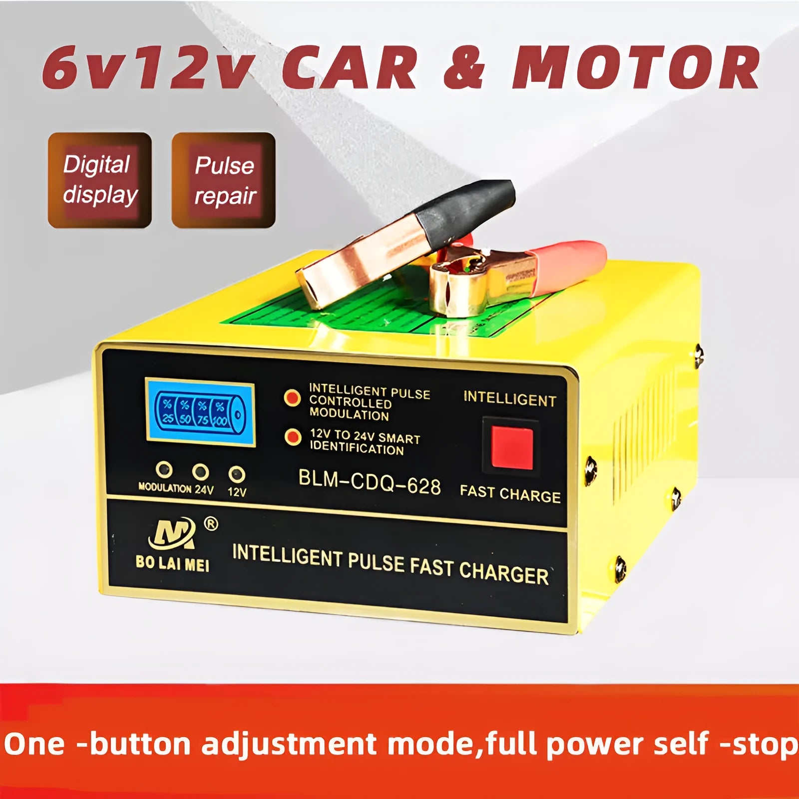 BT 168 model 12V and 24V portable automobile battery charger with American plug for lead acid batteries.
