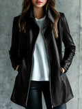 Women's black polyester leather jacket with long sleeves and medium 65cm length