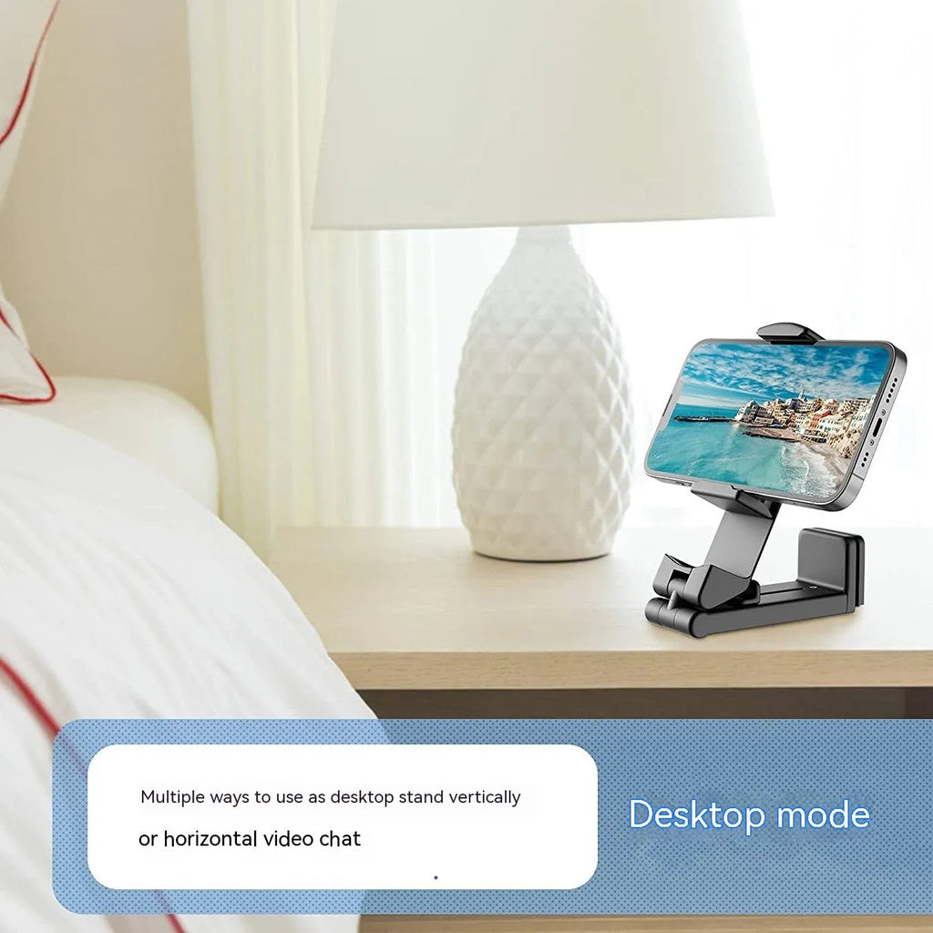 Foldable rotating phone holder in black, green, or grey, showing 360-degree adjustment and compact design